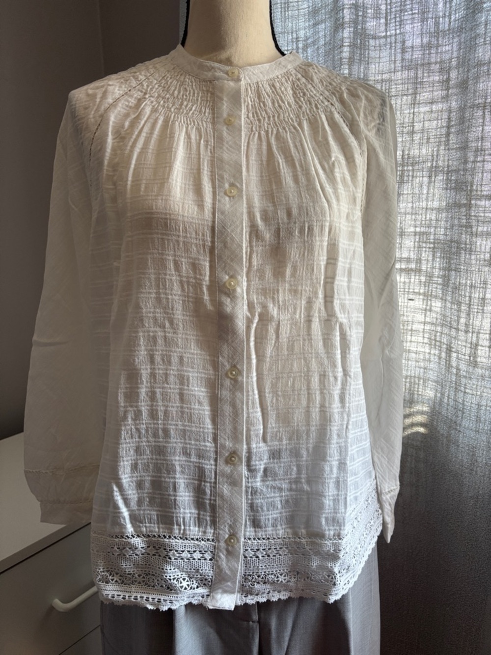 J. Crew White Cotton Lace-Trim Button-Up Blouse